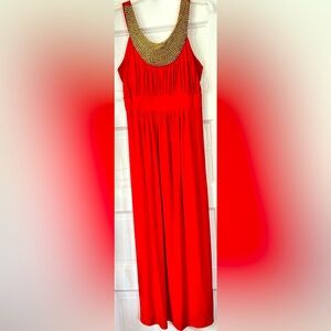 Free flowing red maxi slinky dress empire waist gold neckl sz 12 Ashley Stewart